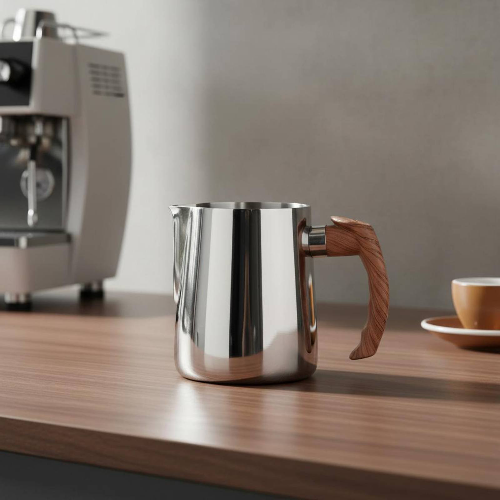 Milk Steaming Pitcher - 木製ハンドル付きラテアートジャグ 厚みのあるフレーム ステンレス製ミルク泡立てピッチャー ミルク蒸し容器 計量可能なミルク蒸し容器 簡単に使用可能