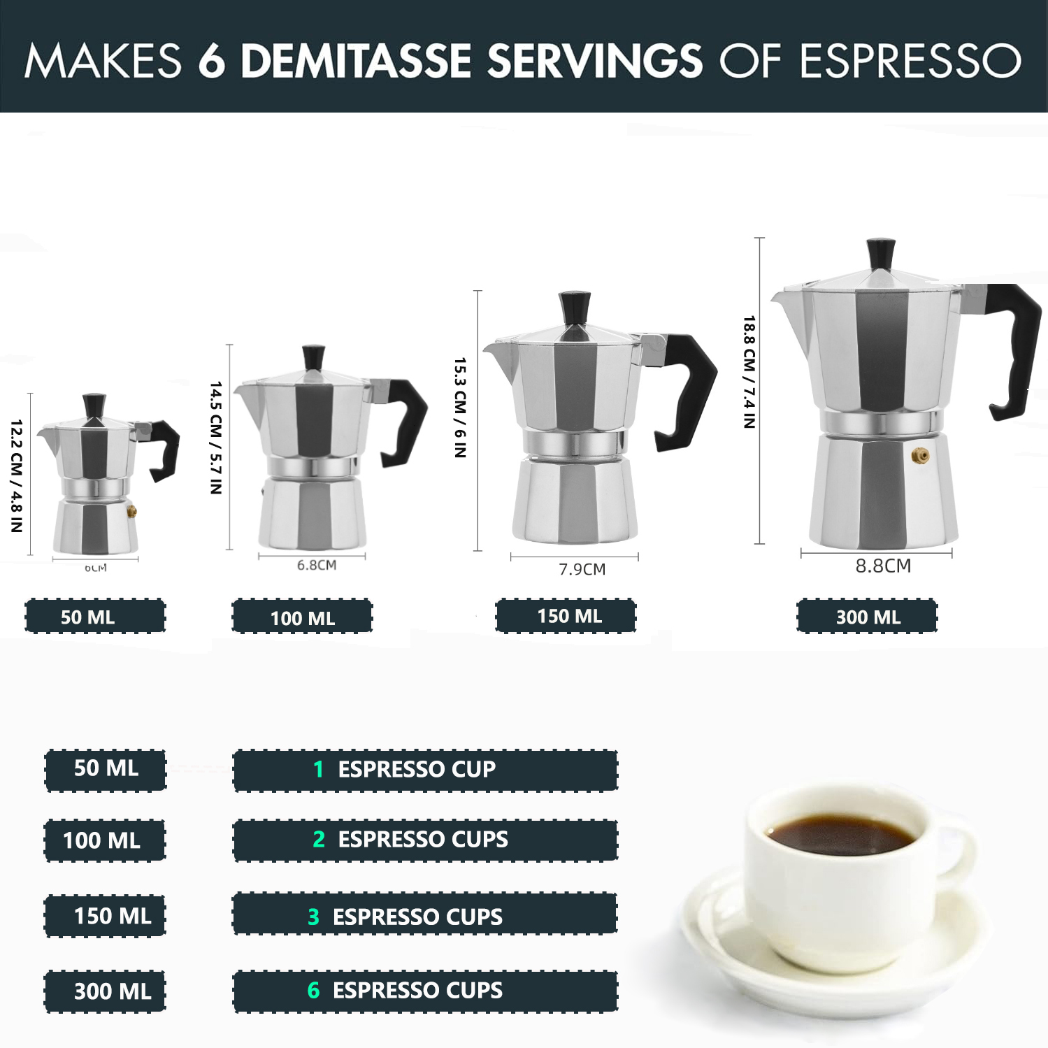 クラシックなアルミ製モカポット 50-300ML 家庭用コン - Coffee Equipment Wholesale のレビューと価格