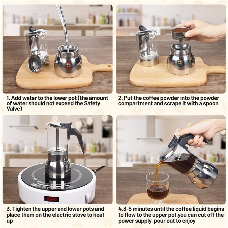 ABUI-クリアガラス 4カップ モカポット 304ステンレ - Coffee Equipment Wholesale のレビューと価格